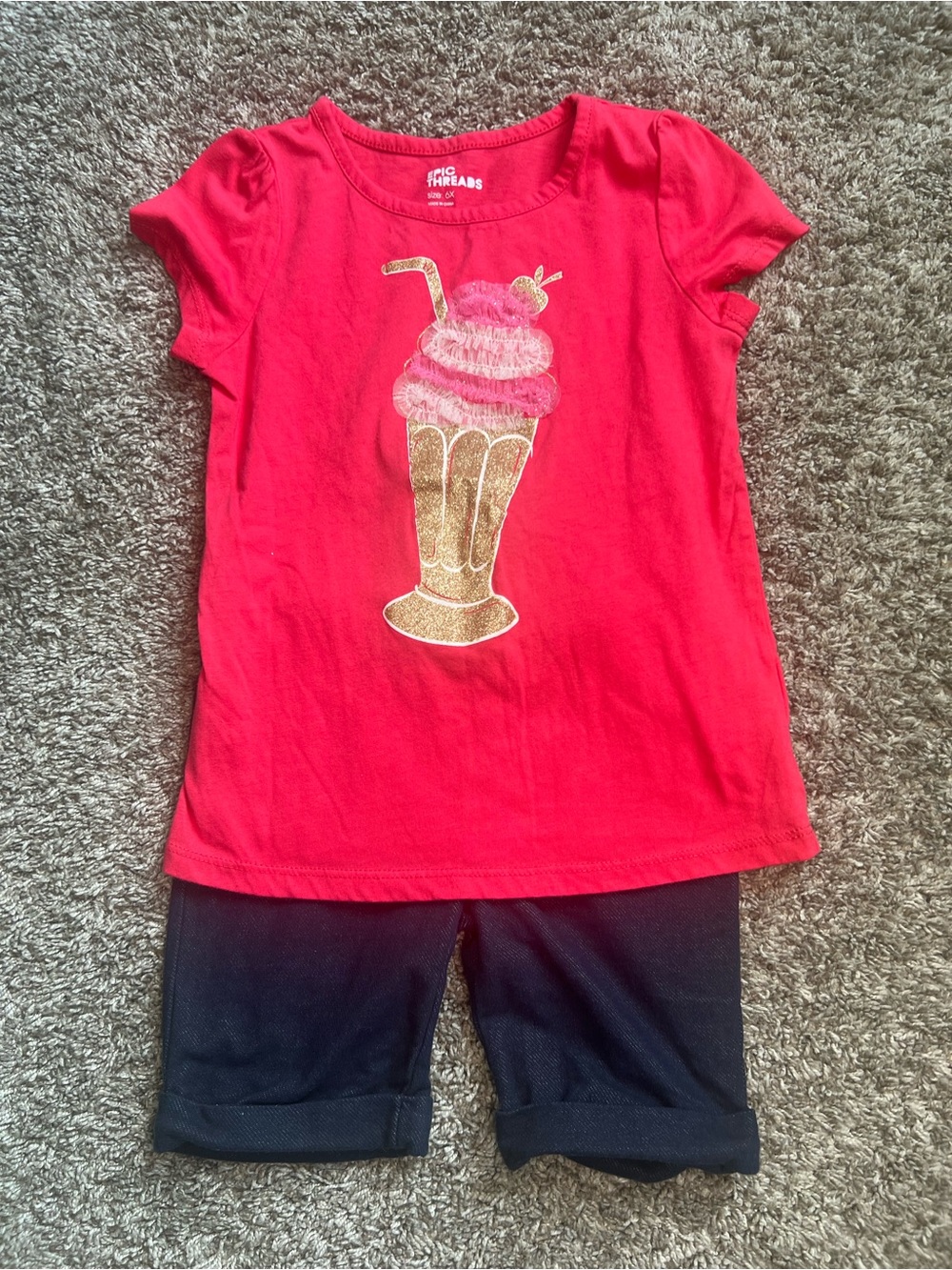 Epic Threads Red Tee with Glitter Gold & Pink Ice Cream Graphic and Navy Shorts
